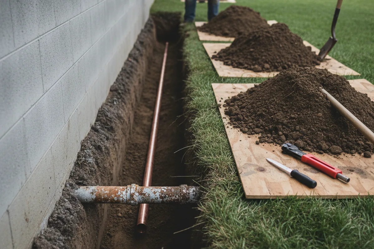 Excavated water line trench during Water Heater Repair in Gulf